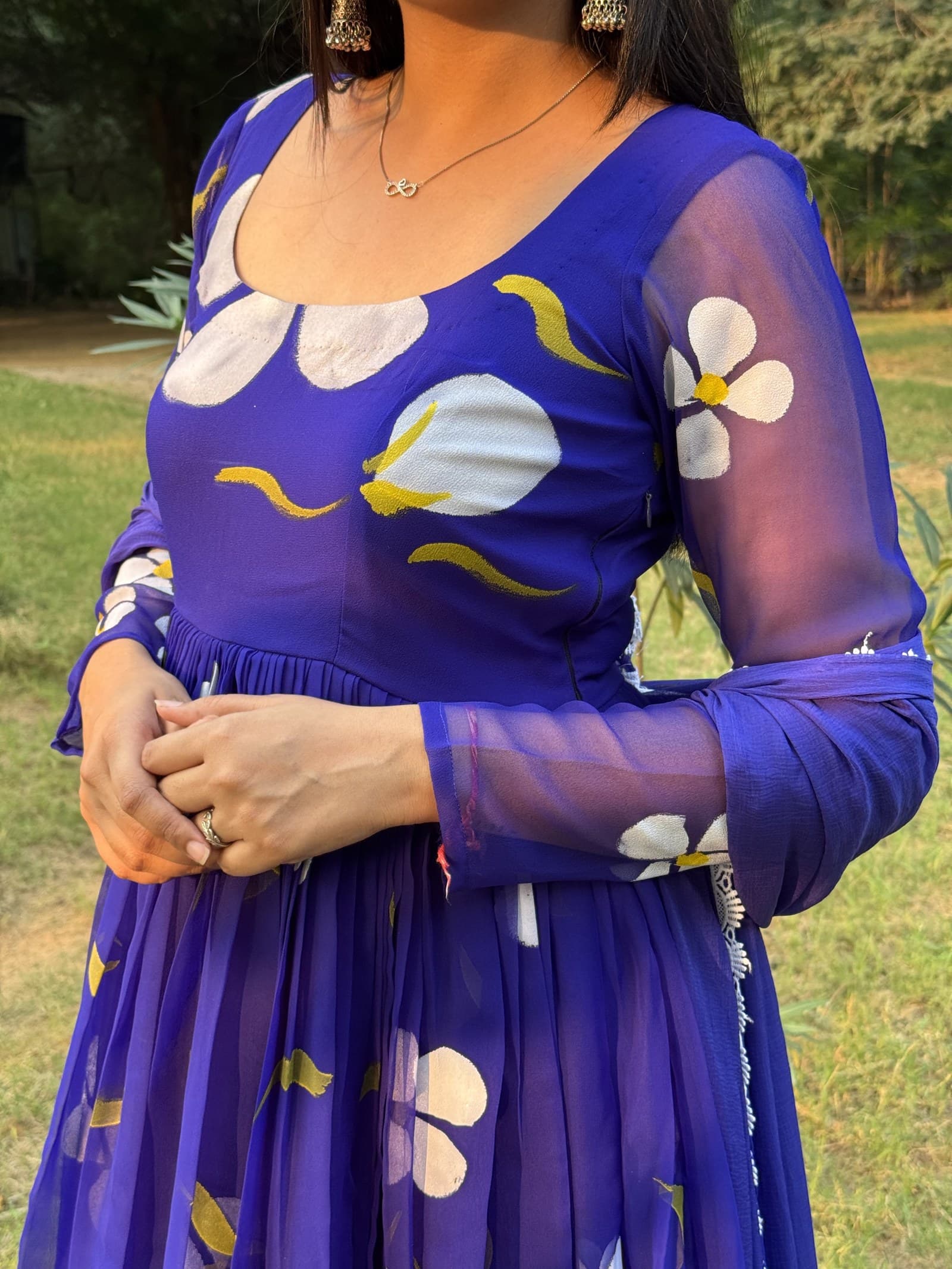 Blue Handpainted Anarkali with Dupatta detail view