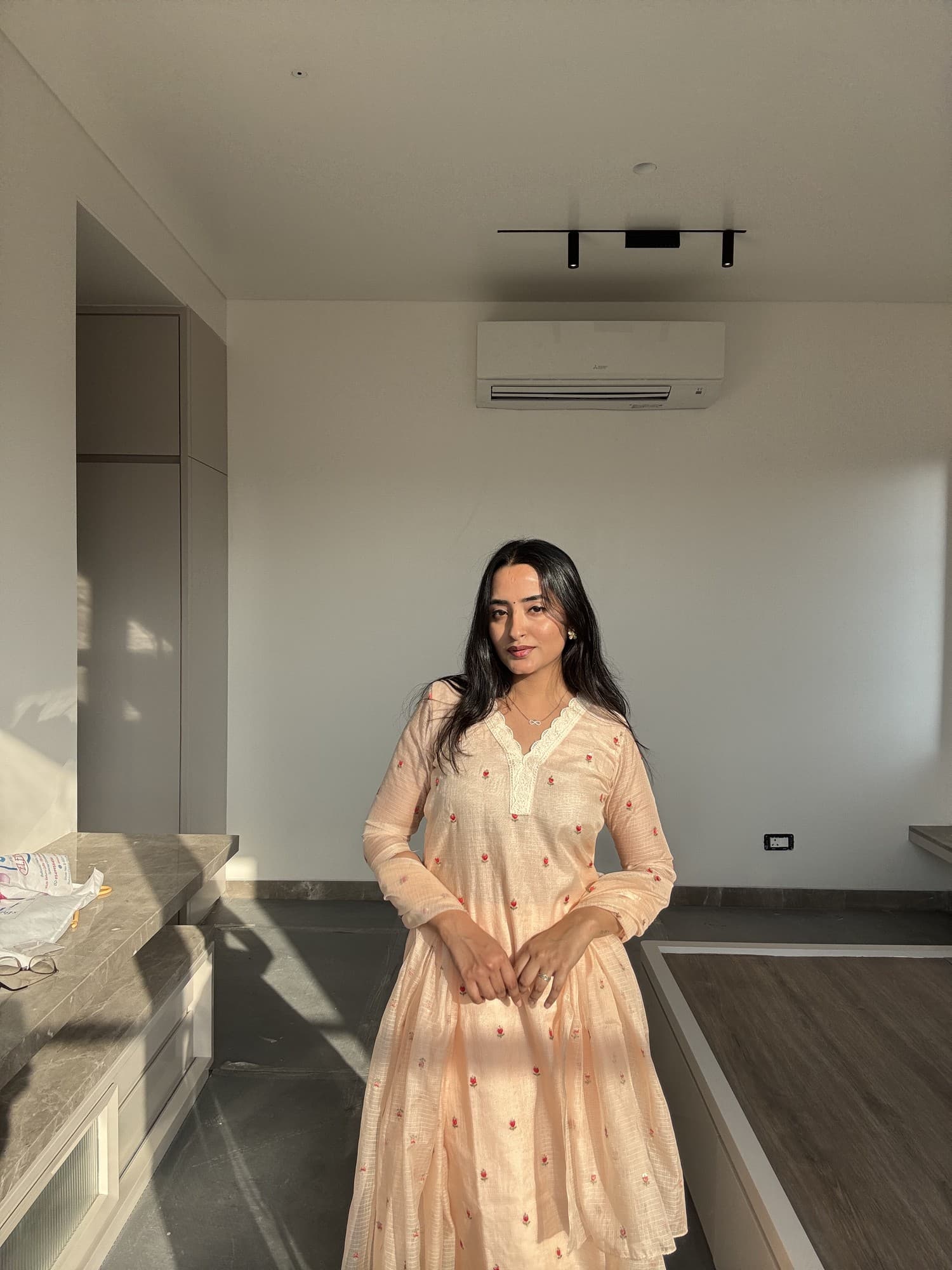 Peach Kota Doria Straight Suit Set