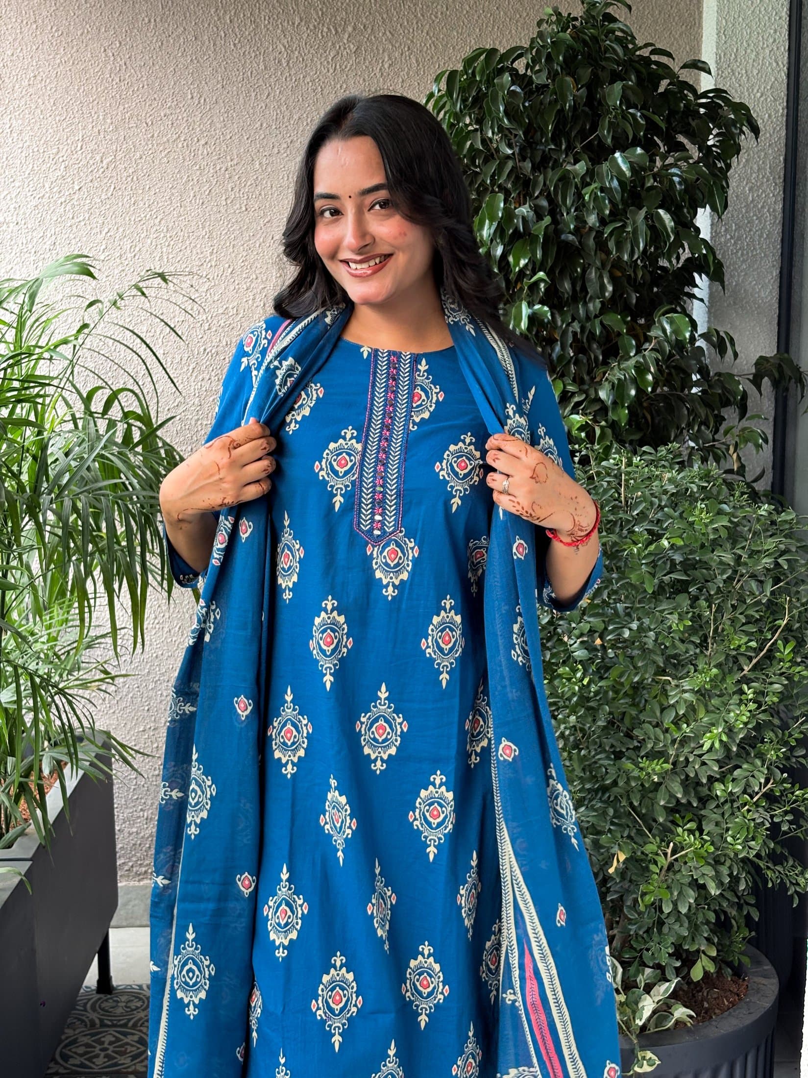 Teal Blue Cotton Straight Suit Set